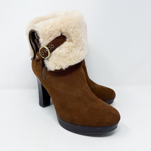 Ugg Brown Suede Scarlett Ankle Booties Women's US Size 7 Side Zip Sheepskin Cuff - Picture 1 of 10